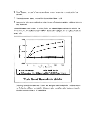  Since TE coolers can cool to low and even below ambient temperatures, condensation is a
problem.
 The most common sealant employed is silicon rubber (Nagy, 1997).
 Research has been performed to determine the most effective sealing agent used to protect the
chip from water.
Four sealants were used to seal a TE cooling device and the weight gain due to water entering the
device measured. The best sealants should have the lowest weight gain. The epoxy has virtually no
weight gain.
 According to the previous results, it seems that the epoxy is the best sealant. These results are
verified by the published permeability data showing the epoxy having the lowest permeability
(vapor transmission rate) of all the sealants.
 