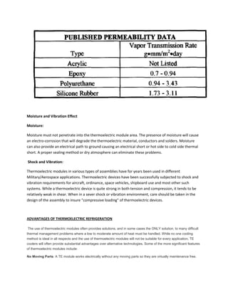 Moisture and Vibration Effect
Moisture:
Moisture must not penetrate into the thermoelectric module area. The presence of moisture will cause
an electro-corrosion that will degrade the thermoelectric material, conductors and solders. Moisture
can also provide an electrical path to ground causing an electrical short or hot side to cold side thermal
short. A proper sealing method or dry atmosphere can eliminate these problems.
Shock and Vibration:
Thermoelectric modules in various types of assemblies have for years been used in different
Military/Aerospace applications. Thermoelectric devices have been successfully subjected to shock and
vibration requirements for aircraft, ordinance, space vehicles, shipboard use and most other such
systems. While a thermoelectric device is quite strong in both tension and compression, it tends to be
relatively weak in shear. When in a sever shock or vibration environment, care should be taken in the
design of the assembly to insure "compressive loading" of thermoelectric devices.
ADVANTAGES OF THERMOELECTRIC REFRIGERATION
The use of thermoelectric modules often provides solutions, and in some cases the ONLY solution, to many difficult
thermal management problems where a low to moderate amount of heat must be handled. While no one cooling
method is ideal in all respects and the use of thermoelectric modules will not be suitable for every application, TE
coolers will often provide substantial advantages over alternative technologies. Some of the more significant features
of thermoelectric modules include:
No Moving Parts: A TE module works electrically without any moving parts so they are virtually maintenance free.
 