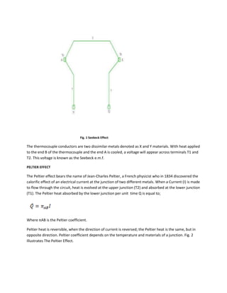 Fig. 1 Seebeck Effect
The thermocouple conductors are two dissimilar metals denoted as X and Y materials. With heat applied
to the end B of the thermocouple and the end A is cooled, a voltage will appear across terminals T1 and
T2. This voltage is known as the Seebeck e.m.f.
PELTIER EFFECT
The Peltier effect bears the name of Jean-Charles Peltier, a French physicist who in 1834 discovered the
calorific effect of an electrical current at the junction of two different metals. When a Current (I) is made
to flow through the circuit, heat is evolved at the upper junction (T2) and absorbed at the lower junction
(T1). The Peltier heat absorbed by the lower junction per unit time Q is equal to;
Where πAB is the Peltier coefficient.
Peltier heat is reversible, when the direction of current is reversed; the Peltier heat is the same, but in
opposite direction. Peltier coefficient depends on the temperature and materials of a junction. Fig. 2
Illustrates The Peltier Effect.
 