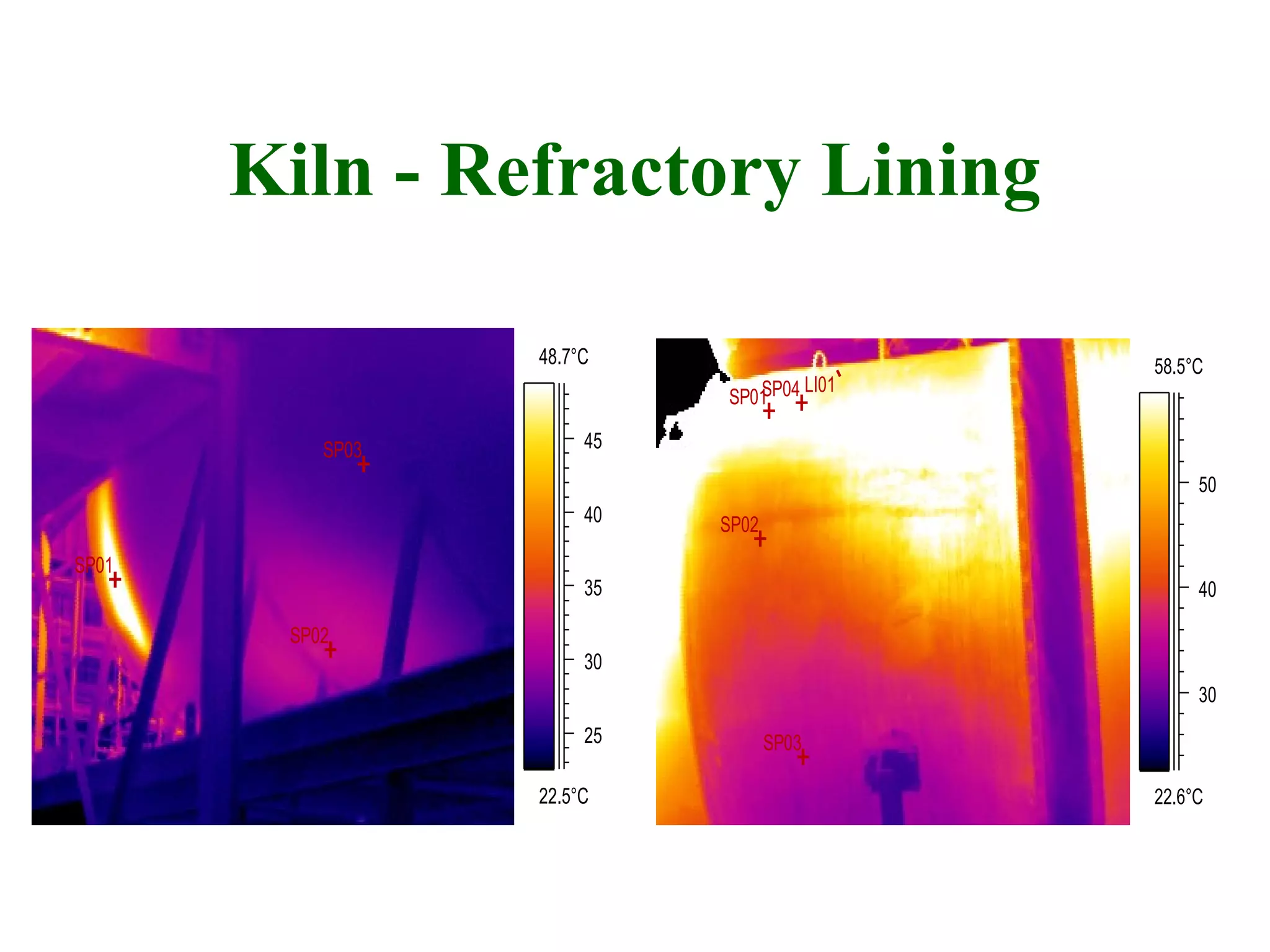 Kiln - Refractory Lining

                  48.7°C                   58.5°C
                               SP04 LI01
                            SP01

           SP03        45
                                                50
                       40   SP02
SP01
                       35                       40

        SP02
                       30
                                                30
                       25          SP03

                  22.5°C                   22.6°C
 