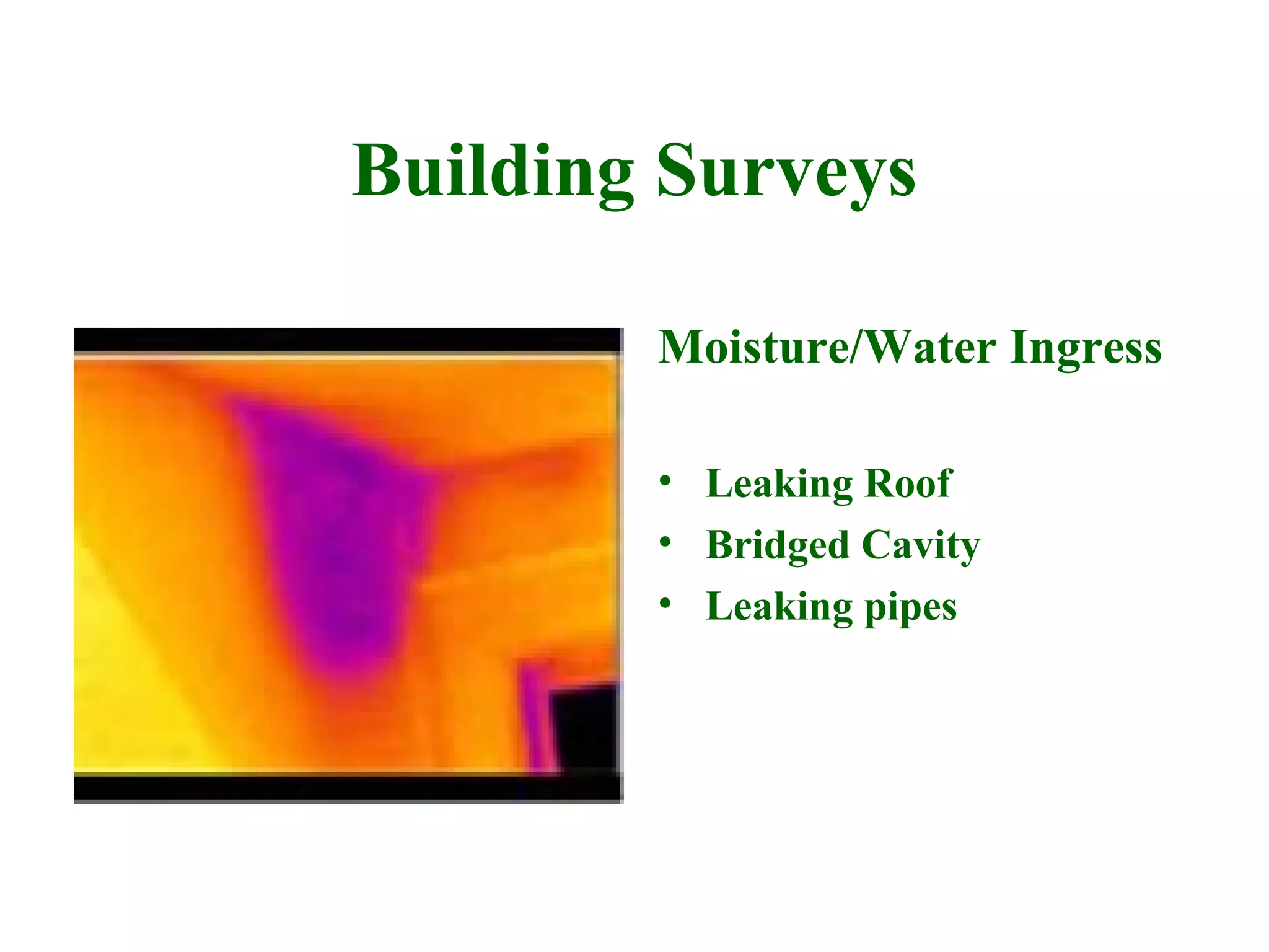 Building Surveys

        Moisture/Water Ingress

        • Leaking Roof
        • Bridged Cavity
        • Leaking pipes
 