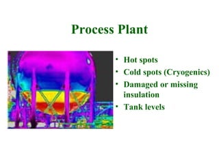 Process Plant

       • Hot spots
       • Cold spots (Cryogenics)
       • Damaged or missing
         insulation
       • Tank levels
 