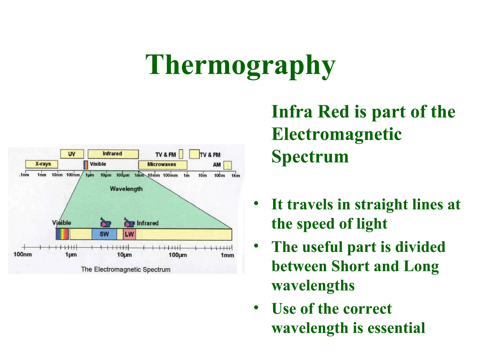 Thermography
Infra Red is part of the
Electromagnetic
Spectrum
• It travels in straight lines at
the speed of light
• The useful part is divided
between Short and Long
wavelengths
• Use of the correct
wavelength is essential
 