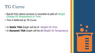 TG Curve
• Result from above process is recorded as plot of Weight
Change VS Temperature or Time
• This is Referred as TG Curve
• In Static TGA Graph will be of Weight VS Time
• In Dynamic TGA Graph will be of Weight VS Temperature
14
 