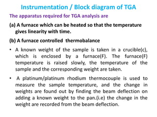 Instrumentation / Block diagram of TGA
The apparatus required for TGA analysis are
(a) A furnace which can be heated so th...