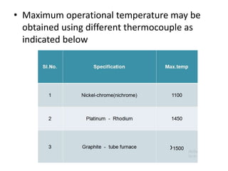 • Maximum operational temperature may be
obtained using different thermocouple as
indicated below
 