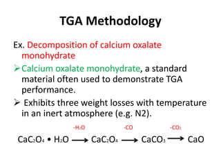 TGA Methodology
Ex. Decomposition of calcium oxalate
monohydrate
Calcium oxalate monohydrate, a standard
material often used to demonstrate TGA
performance.
 Exhibits three weight losses with temperature
in an inert atmosphere (e.g. N2).
-H2O -CO -CO2
CaC2O4 • H2O CaC2O4 CaCO3 CaO
 