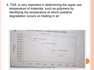 4- TGA is very important in determining the upper use
temperature of materials such as polymers by
identifying the temperature at which oxidative
degradation occurs on heating in air
 