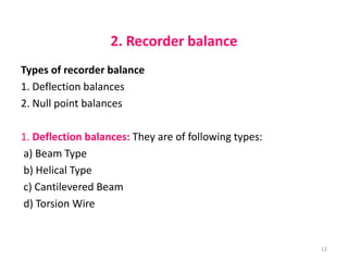 2. Recorder balance
Types of recorder balance
1. Deflection balances
2. Null point balances
1. Deflection balances: They are of following types:
a) Beam Type
b) Helical Type
c) Cantilevered Beam
d) Torsion Wire
12
 