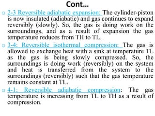 Cont…
o 2‐3 Reversible adiabatic expansion: The cylinder‐piston
is now insulated (adiabatic) and gas continues to expand
reversibly (slowly). So, the gas is doing work on the
surroundings, and as a result of expansion the gas
temperature reduces from TH to TL.
o 3‐4: Reversible isothermal compression: The gas is
allowed to exchange heat with a sink at temperature TL
as the gas is being slowly compressed. So, the
surroundings is doing work (reversibly) on the system
and heat is transferred from the system to the
surroundings (reversibly) such that the gas temperature
remains constant at TL.
o 4‐1: Reversible adiabatic compression: The gas
temperature is increasing from TL to TH as a result of
compression.
 