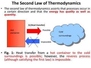 The Second Law of Thermodynamics
• The second law of thermodynamics asserts that processes occur in
a certain direction and that the energy has quality as well as
quantity.
• Fig. 1: Heat transfer from a hot container to the cold
surroundings is possible; however, the reveres process
(although satisfying the first law) is impossible.
 