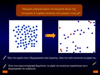 Θερμική ενέργεια έχουν τα σώματα λόγω της συνεχούς & τυχαίας κίνησης των μορίων τους. Όσο πιο υψηλή είναι η θερμοκρασία ενός σώματος, τόσο πιο πολύ κινούνται τα μόριά του. Όταν ένα σώμα απορροφά θερμότητα, τα μόριά του κινούνται περισσότερο και η θερμοκρασία του αυξάνεται. 
