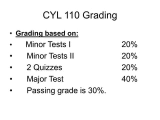 CYL 110 Grading
• Grading based on:
• Minor Tests I 20%
• Minor Tests II 20%
• 2 Quizzes 20%
• Major Test 40%
• Passing grade is 30%.
 