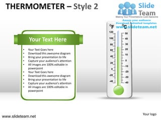 THERMOMETER – Style 2

                                                  120
                                                        50

              Your Text Here                      100   40

                                                  80    30

          •   Your Text Goes here                 60    20
          •   Download this awesome diagram             10
          •   Bring your presentation to life     40
          •   Capture your audience’s attention         0
                                                  20
          •   All images are 100% editable in           -10
              powerpoint                           0
          •   Your Text Goes here                       -20
          •   Download this awesome diagram       -20
                                                        -30
          •   Bring your presentation to life     -40
          •   Capture your audience’s attention         -40
          •   All images are 100% editable in
              powerpoint




                                                              Your logo
www.slideteam.net
 