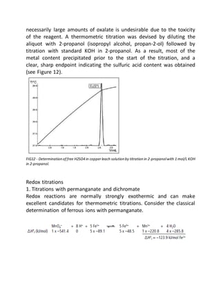 necessarily large amounts of oxalate is undesirable due to the toxicity
of the reagent. A thermometric titration was devised by diluting the
aliquot with 2-propanol (isopropyl alcohol, propan-2-ol) followed by
titration with standard KOH in 2-propanol. As a result, most of the
metal content precipitated prior to the start of the titration, and a
clear, sharp endpoint indicating the sulfuric acid content was obtained
(see Figure 12).
FIG12 - Determination of free H2SO4 in copper leach solution by titration in 2-propanolwith 1 mol/L KOH
in 2-propanol.
Redox titrations
1. Titrations with permanganate and dichromate
Redox reactions are normally strongly exothermic and can make
excellent candidates for thermometric titrations. Consider the classical
determination of ferrous ions with permanganate.
 