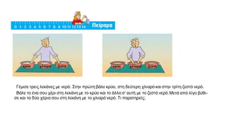 Γέμισε τρεις λεκάνες με νερό. Στην πρώτη βάλε κρύο, στη δεύτερη χλιαρό και στην τρίτη ζεστό νερό.
κρύο χλιαρό ζεστό
Βάλε το ένα σου χέρι στη λεκάνη με το κρύο και το άλλο σ’ αυτή με το ζεστό νερό.
κρύο χλιαρό ζεστό
Μετά από λίγο βύθι-
σε και τα δύο χέρια σου στη λεκάνη με το χλιαρό νερό. Τι παρατηρείς;
 