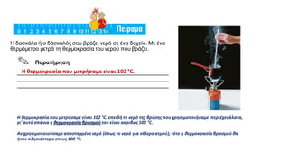 Η δασκάλα ή ο δάσκαλός σου βράζει νερό σε ένα δοχείο. Με ένα
θερμόμετρο μετρά τη θερμοκρασία του νερού που βράζει.
__________________________________________________
__________________________________________________
__________________________________________________
Παρατήρηση
Η θερμοκρασία που μετρήσαμε είναι 102 °C.
Η θερμοκρασία που μετρήσαμε είναι 102 °C. επειδή το νερό της βρύσης που χρησιμοποιήσαμε περιέχει άλατα,
γι' αυτό σπάνια η θερμοκρασία βρασμού του είναι ακριβώς100 °C.
Αν χρησιμοποιούσαμεαποσταγμένο νερό (όπως το νερό για σίδερο ατμού), τότε η θερμοκρασία βρασμού θα
ήταν πλησιέστερα στους 100 °C.
 