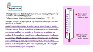 Συμπέρασμα
Με τη βοήθεια της δασκάλας ή του δασκάλου σου συμπλήρωσε την
κλίμακα Celsius στο θερμόμετρο.
Θερμοκρασία
στην οποία
λιώνει ο πάγος
Θερμοκρασία
στην οποία
βράζει το νερό
0
100
10
20
30
40
50
60
70
80
90
Τι θερμοκρασία δείχνει το θερμόμετρο στο σκίτσο;
10
_____ °C.
10
Μπορείς τώρα να περιγράψεις με λίγα λόγια τον τρόπο με τον οποίο
εργάστηκε ο Celsius;
_______________________________________________________
_______________________________________________________
_______________________________________________________
_______________________________________________________
_______________________________________________________
_______________________________________________________
Ο Celcius τοποθέτησε ένα θερμόμετρο, το οποίο δεν είχε καμία
κλίμακα, σε ένα δοχείο με καθαρό νερό και παγάκια. Στο σημείο
που ήταν η στάθμη του υγρού στο θερμόμετρο σημείωσε τον
αριθμό 0. Στη συνέχεια τοποθέτησε το θερμόμετρο σε ένα δοχείο
με νερό που έβραζε και στο σημείο που ήταν τώρα η στάθμη του
υγρού στο θερμόμετρο σημείωσε τον αριθμό 100. Στο τέλος
χώρισε το διάστημα αυτό, από το 0 έως το 100, σε 100 ίσα μέρη
και ονόμασε κάθε μέρος ένα βαθμό.
 