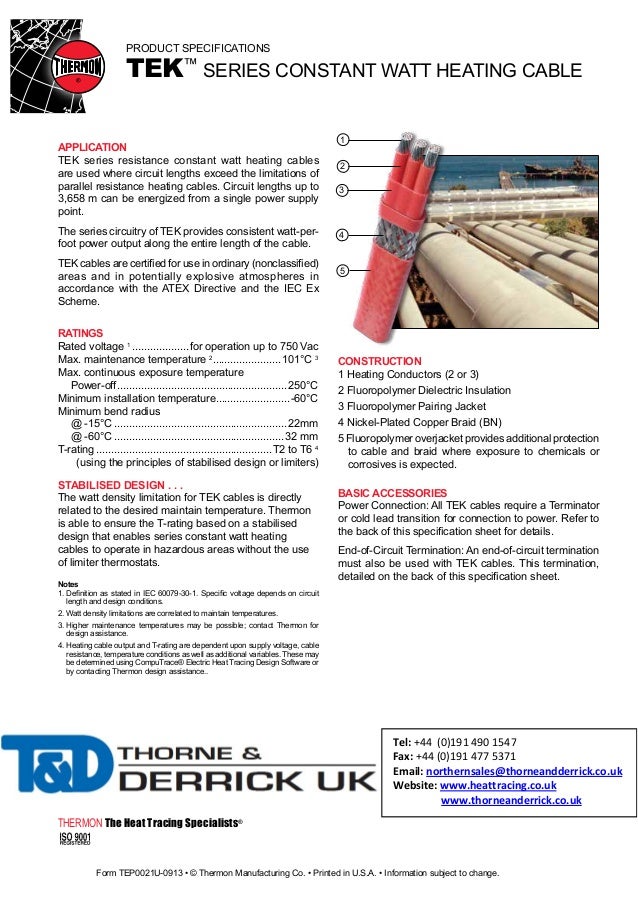 Thermon TEK Heat Tracing Cable Spec Sheet