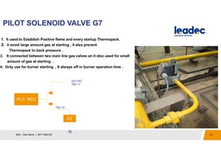 PILOT SOLENOID VALVE G7
10MIS | Site Name | 2017-MM-DD
1. It used to Establish Positive flame and every startup Thermopack.
2. it avoid large amount gas at starting , it also prevent
Thermopack to back pressure .
3. It connected between two main line gas valves an it also used for small
amount of gas at starting .
4. Only use for burner starting , It always off in burner operation time .
PLC RC2
220 VAC
TB2-17
G7
N
TB2-18
 