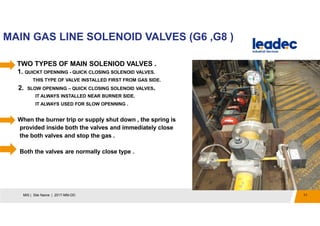 MAIN GAS LINE SOLENOID VALVES (G6 ,G8 )
11MIS | Site Name | 2017-MM-DD
TWO TYPES OF MAIN SOLENIOD VALVES .
1. QUICKT OPENNING - QUICK CLOSING SOLENOID VALVES.
THIS TYPE OF VALVE INSTALLED FIRST FROM GAS SIDE.
2. SLOW OPENNING – QUICK CLOSING SOLENOID VALVES.
IT ALWAYS INSTALLED NEAR BURNER SIDE.
IT ALWAYS USED FOR SLOW OPENNING .
When the burner trip or supply shut down , the spring is
provided inside both the valves and immediately close
the both valves and stop the gas .
Both the valves are normally close type .
 
