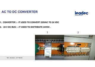 AC TO DC CONVERTER
24MIS | Site Name | 2017-MM-DD
1. CONVERTER :- IT USED TO CONVERT 220VAC TO 24 VDC
2. 24 V DC BUS : - IT USED TO DISTRIBUTE 24VDC .
1 2
 