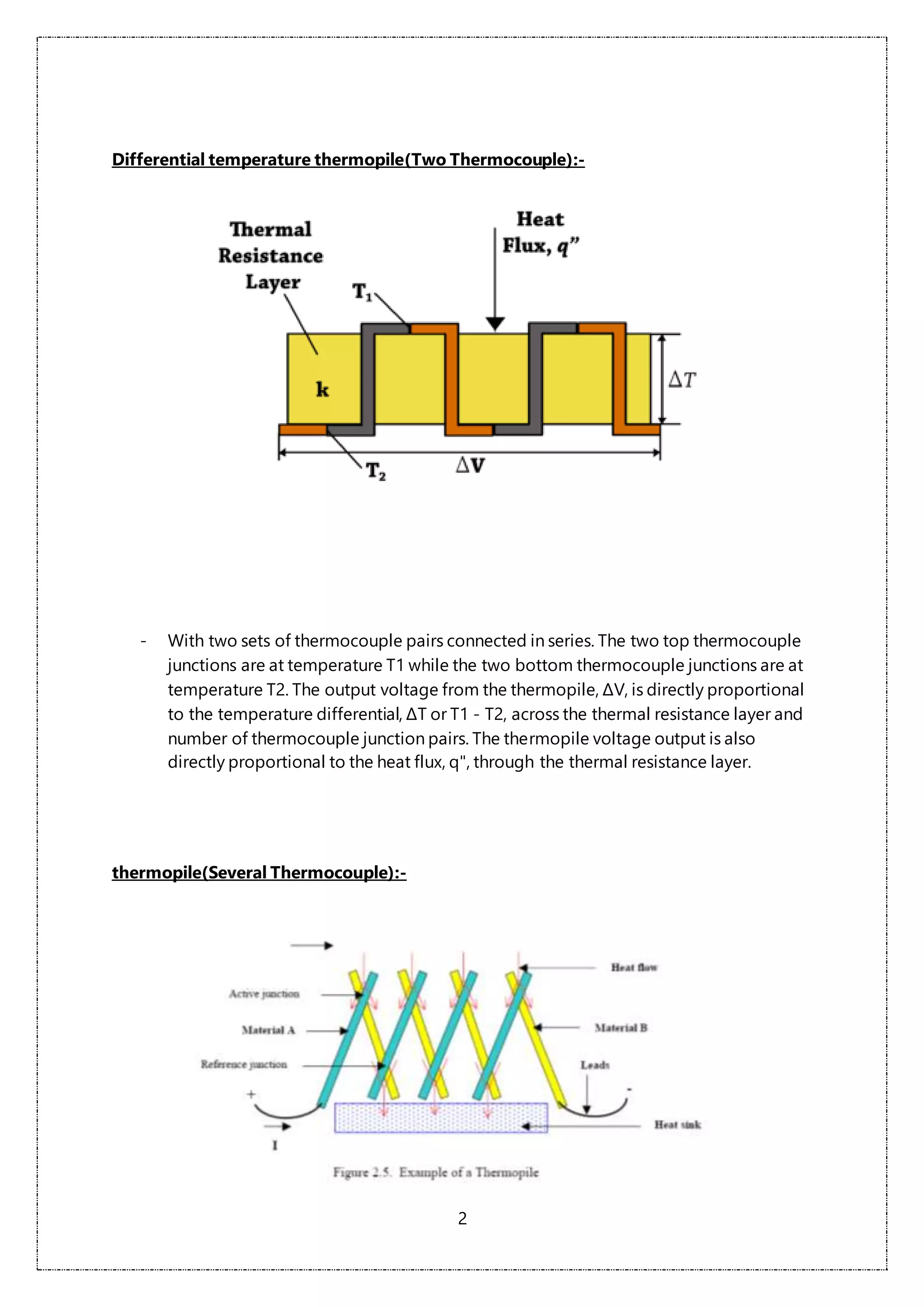 2
Differential temperature thermopile(Two Thermocouple):-
- With two sets of thermocouple pairs connected in series. The two top thermocouple
junctions are at temperature T1 while the two bottom thermocouple junctions are at
temperature T2. The output voltage from the thermopile, ΔV, is directly proportional
to the temperature differential, ΔT or T1 - T2, across the thermal resistance layer and
number of thermocouple junction pairs. The thermopile voltage output is also
directly proportional to the heat flux, q", through the thermal resistance layer.
thermopile(Several Thermocouple):-
 
