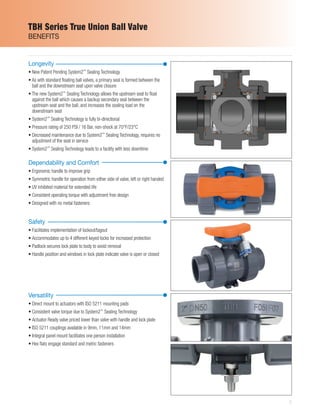 5
TBH Series True Union Ball Valve
BENEFITS
Longevity
• New Patent Pending System2™
Sealing Technology
• As with standard floating ball valves, a primary seal is formed between the	
ball and the downstream seat upon valve closure
• The new System2™
Sealing Technology allows the upstream seat to float	
against the ball which causes a backup secondary seal between the	
upstream seat and the ball, and increases the sealing load on the	
downstream seat
• System2™
Sealing Technology is fully bi-directional
•	 Pressure rating of 250 PSI / 16 Bar, non-shock at 70°F/23°C
•	 Decreased maintenance due to System2™
Sealing Technology, requires no	
adjustment of the seat in service
•	 System2™
Sealing Technology leads to a facility with less downtime
Dependability and Comfort
•	 Ergonomic handle to improve grip
•	 Symmetric handle for operation from either side of valve, left or right handed
•	 UV inhibited material for extended life
•	 Consistent operating torque with adjustment free design
•	 Designed with no metal fasteners
Versatility
•	 Direct mount to actuators with ISO 5211 mounting pads
•	 Consistent valve torque due to System2™
Sealing Technology
•	 Actuator Ready valve priced lower than valve with handle and lock plate
•	 ISO 5211 couplings available in 9mm, 11mm and 14mm
•	 Integral panel mount facilitates one person installation
•	 Hex flats engage standard and metric fasteners
Safety
•	 Facilitates implementation of lockout/tagout
•	 Accommodates up to 4 different keyed locks for increased protection
•	 Padlock secures lock plate to body to avoid removal
•	 Handle position and windows in lock plate indicate valve is open or closed
 