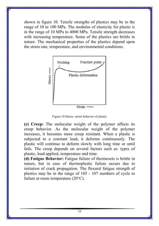 11
shown in figure 10. Tensile strengths of plastics may be in the
range of 10 to 100 MPa. The modulus of elasticity for plastic is
in the range of 10 MPa to 4000 MPa. Tensile strength decreases
with increasing temperature. Some of the plastics are brittle in
nature. The mechanical properties of the plastics depend upon
the strain rate, temperature, and environmental conditions.
Figure 10 Stress- strain behavior of plastic
(c) Creep: The molecular weight of the polymer affects its
creep behavior. As the molecular weight of the polymer
increases, it becomes more creep resistant. When a plastic is
subjected to a constant load, it deforms continuously. The
plastic will continue to deform slowly with long time or until
fails. The creep depends on several factors such as: types of
plastic, load applied, temperature and time.
(d) Fatigue Behavior: Fatigue failure of thermosets is brittle in
nature, but in case of thermoplastic failure occurs due to
initiation of crack propagation. The flexural fatigue strength of
plastics may be in the range of 105 - 107 numbers of cycle to
failure at room temperature (20°C).
 
