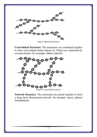 7
Figure 5 Branched structure
Cross-linked Structure: The monomers are combined together
to form cross-linked chains (figure 6). Chains are connected by
covalent bonds. For example: rubber, bakelite.
Figure 6 Cross-linked structure
Network Structure: The monomers are joined together to form
a large three dimensional network, for example: epoxy, phenol
formaldehyde.
 