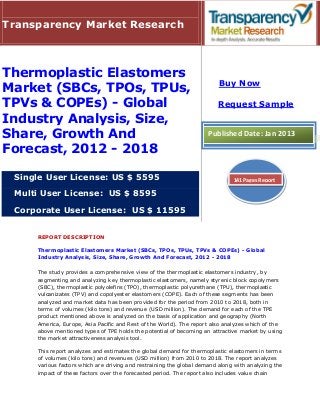 Transparency Market Research



Thermoplastic Elastomers
                                                                         Buy Now
Market (SBCs, TPOs, TPUs,
TPVs & COPEs) - Global                                                  Request Sample
Industry Analysis, Size,
Share, Growth And                                                    Published Date: Jan 2013
Forecast, 2012 - 2018

 Single User License: US $ 5595                                               141 Pages Report

 Multi User License: US $ 8595

 Corporate User License: US $ 11595


     REPORT DESCRIPTION

     Thermoplastic Elastomers Market (SBCs, TPOs, TPUs, TPVs & COPEs) - Global
     Industry Analysis, Size, Share, Growth And Forecast, 2012 - 2018

     The study provides a comprehensive view of the thermoplastic elastomers industry, by
     segmenting and analyzing key thermoplastic elastomers, namely styrenic block copolymers
     (SBC), thermoplastic polyolefins (TPO), thermoplastic polyurethane (TPU), thermoplastic
     vulcanizates (TPV) and copolyester elastomers (COPE). Each of these segments has been
     analyzed and market data has been provided for the period from 2010 to 2018, both in
     terms of volumes (kilo tons) and revenue (USD million). The demand for each of the TPE
     product mentioned above is analyzed on the basis of application and geography (North
     America, Europe, Asia Pacific and Rest of the World). The report also analyzes which of the
     above mentioned types of TPE holds the potential of becoming an attractive market by using
     the market attractiveness analysis tool.

     This report analyzes and estimates the global demand for thermoplastic elastomers in terms
     of volumes (kilo tons) and revenues (USD million) from 2010 to 2018. The report analyzes
     various factors which are driving and restraining the global demand along with analyzing the
     impact of these factors over the forecasted period. The report also includes value chain
 