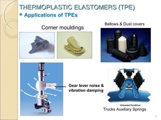 THERMOPLASTIC ELASTOMERS (TPE)
 Applications

of TPEs
Bellows & Dust covers

Corner mouldings

Gear lever noise &
vibration damping

Trucks Auxiliary Springs
17

 