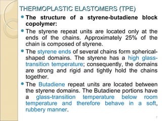 THERMOPLASTIC ELASTOMERS (TPE)
 The

structure of a styrene-butadiene block
copolymer:
 The styrene repeat units are located only at the
ends of the chains. Approximately 25% of the
chain is composed of styrene.
 The styrene ends of several chains form sphericalshaped domains. The styrene has a high glasstransition temperature; consequently, the domains
are strong and rigid and tightly hold the chains
together.
 The Butadiene repeat units are located between
the styrene domains. The Butadiene portions have
a glass-transition temperature below room
temperature and therefore behave in a soft,
rubbery manner.
7

 