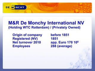 M&R De Monchy International NV
(Holding WTC Rotterdam) / (Privately Owned)

  Origin of company      before 1851
  Registered (NV)        1851
  Net turnover 2010      app. Euro 170 106
  Employees              288 (average)
 