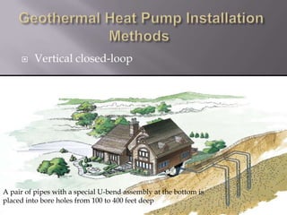 Geothermal Heat Pump Installation Methods Surface water closed-loopA piping array is submerged in a pond or lake at least 8 feet deep