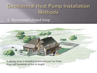 Geothermal Heat Pump Installation Methods Ground water open-loopWell water from an underground aquifer is pumped through the geothermal heat pump and then returned to the aquifer or discharged to the surface
