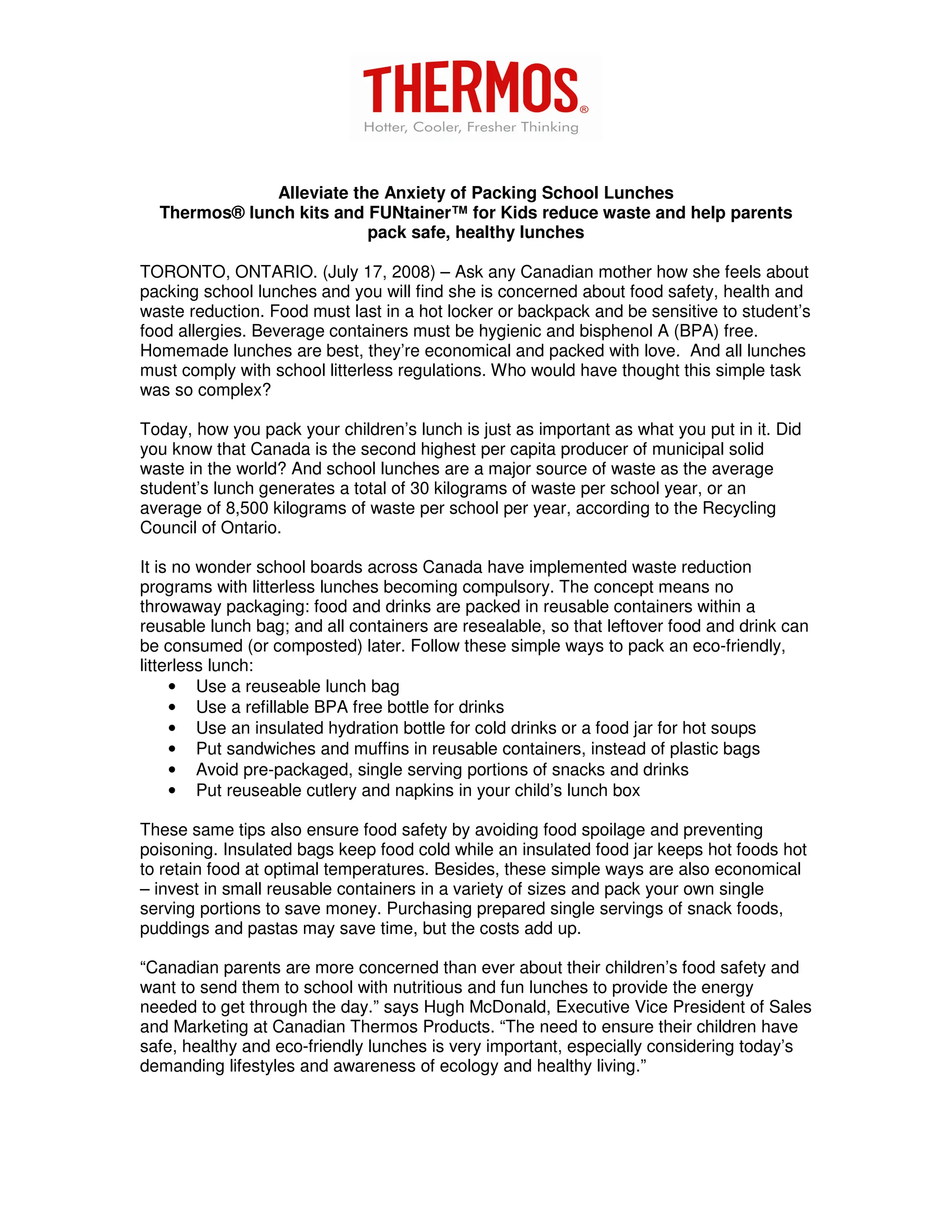 Thermos Back to School Media News Release PDF