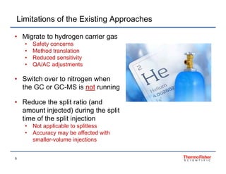 Limitations of the Existing Approaches
• Migrate to hydrogen carrier gas
•
•
•
•

Safety concerns
Method translation
Reduced sensitivity
QA/AC adjustments

• Switch over to nitrogen when
the GC or GC-MS is not running
• Reduce the split ratio (and
amount injected) during the split
time of the split injection
•
•

3

Not applicable to splitless
Accuracy may be affected with
smaller-volume injections
j

 