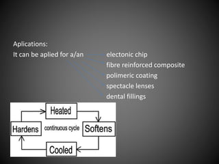 Aplications: 
It can be aplied for a/an electonic chip 
fibre reinforced composite 
polimeric coating 
spectacle lenses 
dental fillings 
 