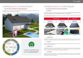 | 010 | | 011 |
THERMOSLATE® ET VOTRE PROJET THERMOSLATE® ET VOTRE PROJET
ADAPTEZ VOTRE LOGEMENT À LA RÉGLEMENTATION DE LA VALEUR AJOUTÉE POUR VOTRE LOGEMENT
Depuis 2006, toutes les constructions neuves qui utilisent de l’eau chaude (logements, hôpitaux, hôtels, salles omnisports, etc.)
ont l’obligation d’installer des systèmes solaires thermiques.
USAGES EAU
CHAUDE
CHAUFFAGE
RÉCHAUFFEMENT DE
L’EAU DE LA PISCINE
1
23
•	 VERSATILITÉ
•	 COMPATIBILITÉ
•	 SÉCURITÉ
•	 TRANQUILLITÉ
•	 AUTONOMIE
Il existe deux types de systèmes : des capteurs plats ou inclinés. Les panneaux s’adaptent à tout type de projets, aussi bien sur du
neuf que de la rénovation, y compris sur les bâtiments du patrimoine et les zones protégées.
Avec une gamme adaptée à tous les systèmes de construction, nos panneaux sont fabriqués en différents formats. Ils peuvent être
fixés à l’aide de crochets ou de clous.
THERMOSLATE® est compatible avec toutes les marques et tous les modèles d’accumulateur et de pompe présents sur le marché.
Il est également compatible avec des systèmes de sol radiant ou convecteurs à basse température (radiateurs de 45°C - 60°C).
Grâce aux propriétés intrinsèques de l’ardoise, les panneaux solaires thermiques n’atteignent pas des températures excessives,
puisque ce matériau dissipe la chaleur.
THERMOSLATE® est également synonyme de tranquillité, puisqu’il n’exige quasiment aucun entretien. Nous recommandons uni-
quement de réaliser une révision annuelle de la toiture en ardoise, afin de s’assurer de l’absence de rupture ou de décrochement.
En outre, nos ardoises naturelles sont garanties de 10 à 30 ans, selon le produit choisi.
Produire sa propre énergie renouvelable a un impact positif sur la planète et l’environnement, mais aussi sur le bien-être.
THERMOSLATE® peut couvrir entre 30 % et 70 % de vos besoins annuels en énergie, ce qui se traduit par une réduction importante
de vos factures d’eau chaude et de chauffage.
CAPTEUR INCLINÉ CAPTEUR PLAT
SYSTÈME DE POSE
AVEC CROCHET
SYSTÈME DE POSE
AVEC CLOU
TOITURE PLATE,
SOL ET FAÇADE
Page 14 Page 15 Page 18
L’installation de THERMOSLATE® dans
une maison conventionnelle répond
aux normes RT 2012 et RT 2020.
 
