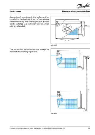 Fitters notes Thermostatic expansion valves
© Danfoss A/S (RC-CMS/MWA), 03 - 2005 RZ1AH202 → DKRCC.PF.A00.A1.02 / 520H0337 11
As previously mentioned, the bulb must be
installed to the horizontal part of the suction
line immediately after the evaporator. It must
not be installed to a collection tube or a riser
after an oil pocket.
The expansion valve bulb must always be
installed ahead of any liquid lock.
Ad0-0007
Ad0-0008
 