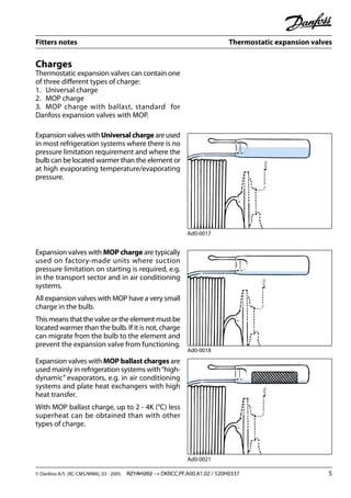 Fitters notes Thermostatic expansion valves
© Danfoss A/S (RC-CMS/MWA), 03 - 2005 RZ1AH202 → DKRCC.PF.A00.A1.02 / 520H0337 5
Charges
Thermostatic expansion valves can contain one
of three diﬀerent types of charge:
1. Universal charge
2. MOP charge
3. MOP charge with ballast, standard for
Danfoss expansion valves with MOP.
Expansion valves withUniversalcharge are used
in most refrigeration systems where there is no
pressure limitation requirement and where the
bulb can be located warmer than the element or
at high evaporating temperature/evaporating
pressure.
Expansion valves with MOP charge are typically
used on factory-made units where suction
pressure limitation on starting is required, e.g.
in the transport sector and in air conditioning
systems.
All expansion valves with MOP have a very small
charge in the bulb.
This means that the valve or the element must be
located warmer than the bulb. If it is not, charge
can migrate from the bulb to the element and
prevent the expansion valve from functioning.
Expansion valves with MOP ballast charges are
used mainly in refrigeration systems with“high-
dynamic” evaporators, e.g. in air conditioning
systems and plate heat exchangers with high
heat transfer.
With MOP ballast charge, up to 2 - 4K (°C) less
superheat can be obtained than with other
types of charge.
Ad0-0017
Ad0-0018
Ad0-0021
 