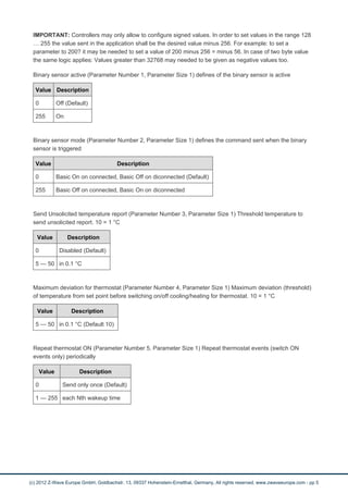 IMPORTANT: Controllers may only allow to configure signed values. In order to set values in the range 128
… 255 the value sent in the application shall be the desired value minus 256. For example: to set a
parameter to 200? it may be needed to set a value of 200 minus 256 = minus 56. In case of two byte value
the same logic applies: Values greater than 32768 may needed to be given as negative values too.
Binary sensor active (Parameter Number 1, Parameter Size 1) defines of the binary sensor is active
Value Description
0 Off (Default)
255 On
Binary sensor mode (Parameter Number 2, Parameter Size 1) defines the command sent when the binary
sensor is triggered
Value Description
0 Basic On on connected, Basic Off on diconnected (Default)
255 Basic Off on connected, Basic On on diconnected
Send Unsolicited temperature report (Parameter Number 3, Parameter Size 1) Threshold temperature to
send unsolicited report. 10 = 1 °C
Value Description
0 Disabled (Default)
5 — 50 in 0.1 °C
Maximum deviation for thermostat (Parameter Number 4, Parameter Size 1) Maximum deviation (threshold)
of temperature from set point before switching on/off cooling/heating for thermostat. 10 = 1 °C
Value Description
5 — 50 in 0.1 °C (Default 10)
Repeat thermostat ON (Parameter Number 5, Parameter Size 1) Repeat thermostat events (switch ON
events only) periodically
Value Description
0 Send only once (Default)
1 — 255 each Nth wakeup time
(c) 2012 Z-Wave Europe GmbH, Goldbachstr. 13, 09337 Hohenstein-Ernstthal, Germany, All rights reserved, www.zwaveeurope.com - pp 5
 