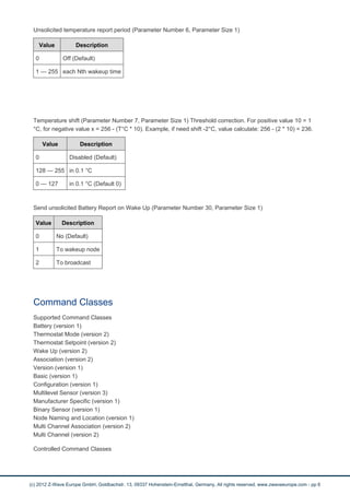 Unsolicited temperature report period (Parameter Number 6, Parameter Size 1)
Value Description
0 Off (Default)
1 — 255 each Nth wakeup time
Temperature shift (Parameter Number 7, Parameter Size 1) Threshold correction. For positive value 10 = 1
°C, for negative value x = 256 - (T°C * 10). Example, if need shift -2°C, value calculate: 256 - (2 * 10) = 236.
Value Description
0 Disabled (Default)
128 — 255 in 0.1 °C
0 — 127 in 0.1 °C (Default 0)
Send unsolicited Battery Report on Wake Up (Parameter Number 30, Parameter Size 1)
Value Description
0 No (Default)
1 To wakeup node
2 To broadcast
Command Classes
Supported Command Classes
Battery (version 1)
Thermostat Mode (version 2)
Thermostat Setpoint (version 2)
Wake Up (version 2)
Association (version 2)
Version (version 1)
Basic (version 1)
Configuration (version 1)
Multilevel Sensor (version 3)
Manufacturer Specific (version 1)
Binary Sensor (version 1)
Node Naming and Location (version 1)
Multi Channel Association (version 2)
Multi Channel (version 2)
Controlled Command Classes
(c) 2012 Z-Wave Europe GmbH, Goldbachstr. 13, 09337 Hohenstein-Ernstthal, Germany, All rights reserved, www.zwaveeurope.com - pp 6
 