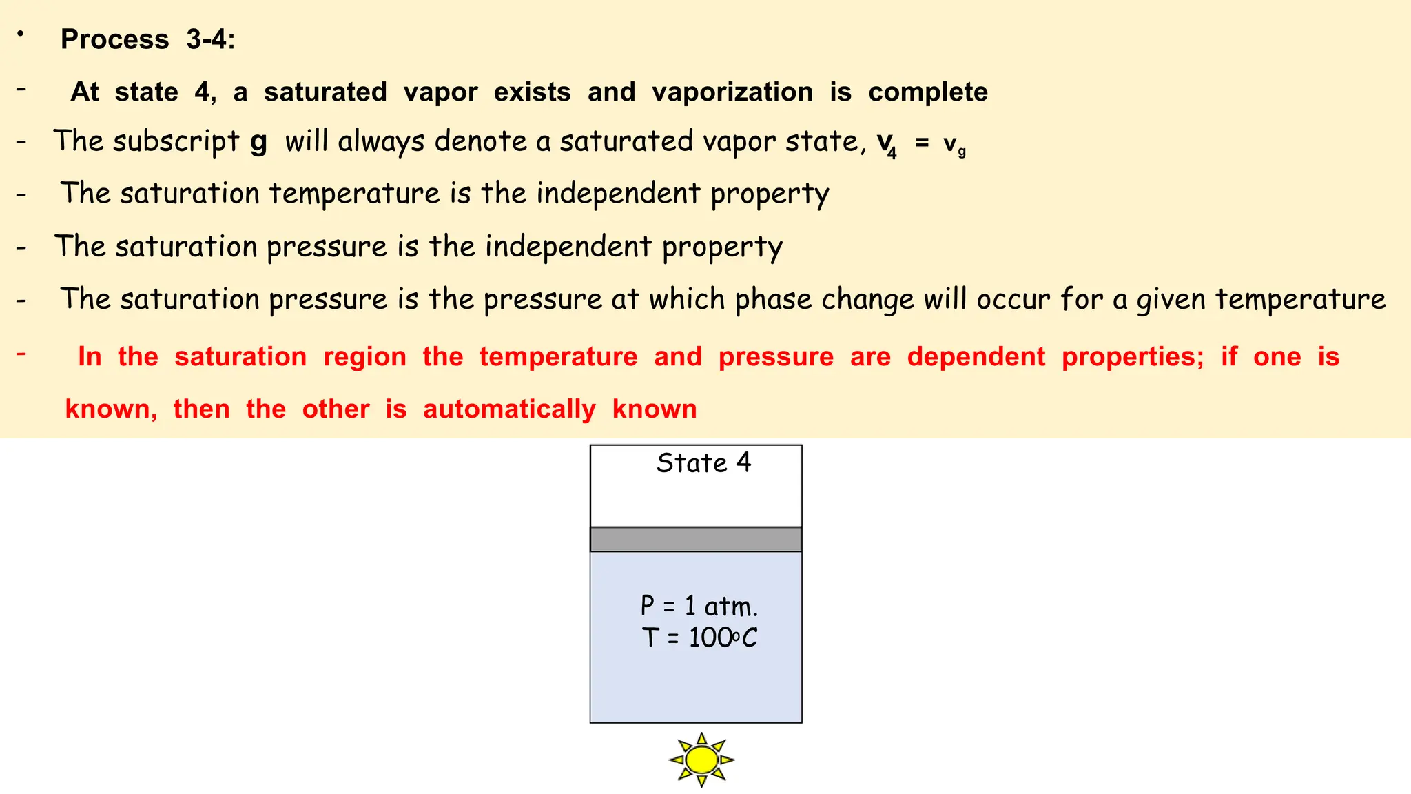 • Process 3-4:
- At state 4, a saturated vapor exists and vaporization is complete
- The subscript g will always denote a saturated vapor state, v4 = vg
- The saturation temperature is the independent property
- The saturation pressure is the independent property
- The saturation pressure is the pressure at which phase change will occur for a given temperature
- In the saturation region the temperature and pressure are dependent properties; if one is
known, then the other is automatically known
State 4
P = 1 atm.
T = 100 C
o
 