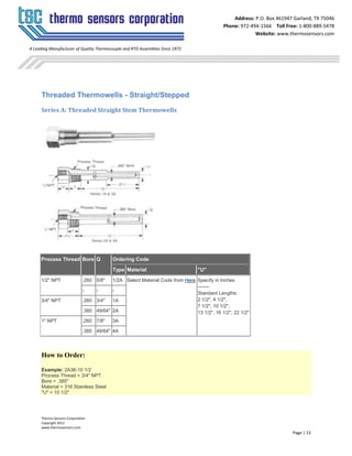 Thermo Sensors Corporation
Copyright 2012
www.thermosensors.com
Page | 13
Address: P.O. Box 461947 Garland, TX 75046
Phone: 972-494-1566 Toll Free: 1-800-889-5478
Website: www.thermosensors.com
A Leading Manufacturer of Quality Thermocouple and RTD Assemblies Since 1972
Threaded Thermowells - Straight/Stepped
Series A: Threaded Straight Stem Thermowells
Process Thread Bore Q Ordering Code
Type Material "U"
1/2" NPT .260 5/8" 1/2A Select Material Code from Here Specify in Inches
-------
Standard Lengths:
2 1/2", 4 1/2",
7 1/2", 10 1/2",
13 1/2", 16 1/2", 22 1/2"
- - -
3/4" NPT .260 3/4" 1A
.385 49/64" 2A
1" NPT .260 7/8" 3A
.385 49/64" 4A
How to Order:
Example: 2A36-10 1/2
Process Thread = 3/4" NPT
Bore = .385"
Material = 316 Stainless Steel
"U" = 10 1/2"
 