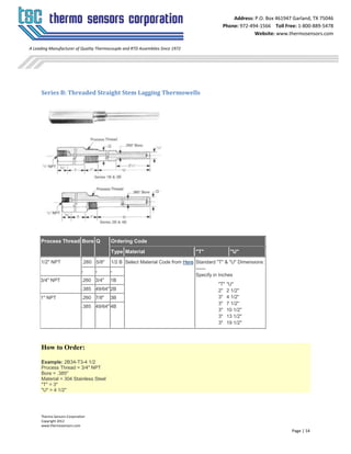 Thermo Sensors Corporation
Copyright 2012
www.thermosensors.com
Page | 14
Address: P.O. Box 461947 Garland, TX 75046
Phone: 972-494-1566 Toll Free: 1-800-889-5478
Website: www.thermosensors.com
A Leading Manufacturer of Quality Thermocouple and RTD Assemblies Since 1972
Series B: Threaded Straight Stem Lagging Thermowells
Process Thread Bore Q Ordering Code
Type Material "T" "U"
1/2" NPT .260 5/8" 1/2 B Select Material Code from Here Standard "T" & "U" Dimensions:
------
Specify in Inches
"T"
2"
3"
3"
3"
3"
3"
"U"
2 1/2"
4 1/2"
7 1/2"
10 1/2"
13 1/2"
19 1/2"
- - -
3/4" NPT .260 3/4" 1B
.385 49/64" 2B
1" NPT .260 7/8" 3B
.385 49/64" 4B
How to Order:
Example: 2B34-T3-4 1/2
Process Thread = 3/4" NPT
Bore = .385"
Material = 304 Stainless Steel
"T" = 3"
"U" = 4 1/2"
 