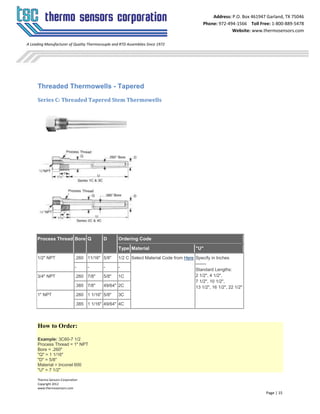 Thermo Sensors Corporation
Copyright 2012
www.thermosensors.com
Page | 15
Address: P.O. Box 461947 Garland, TX 75046
Phone: 972-494-1566 Toll Free: 1-800-889-5478
Website: www.thermosensors.com
A Leading Manufacturer of Quality Thermocouple and RTD Assemblies Since 1972
Threaded Thermowells - Tapered
Series C: Threaded Tapered Stem Thermowells
Process Thread Bore Q D Ordering Code
Type Material "U"
1/2" NPT .260 11/16" 5/8" 1/2 C Select Material Code from Here Specify in Inches
-------
Standard Lengths:
2 1/2", 4 1/2",
7 1/2", 10 1/2",
13 1/2", 16 1/2", 22 1/2"
- - - -
3/4" NPT .260 7/8" 5/8" 1C
.385 7/8" 49/64" 2C
1" NPT .260 1 1/16" 5/8" 3C
.385 1 1/16" 49/64" 4C
How to Order:
Example: 3C60-7 1/2
Process Thread = 1" NPT
Bore = .260"
"Q" = 1 1/16"
"D" = 5/8"
Material = Inconel 600
"U" = 7 1/2"
 