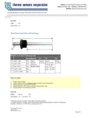 Thermo Sensors Corporation
Copyright 2012
www.thermosensors.com
Page | 30
Address: P.O. Box 461947 Garland, TX 75046
Phone: 972-494-1566 Toll Free: 1-800-889-5478
Website: www.thermosensors.com
A Leading Manufacturer of Quality Thermocouple and RTD Assemblies Since 1972
Example:
1260 - 18
Series/Mat'l "L"
Metal Protecting Tube with Bushings
NPT O.D. x I.D. (Nom.)** Ordering Code
Series Material "L" "P" "X"
1/8" .405" x .269" B18 Select
Material
Code from
Material Table
Specify
in Inches
Specify
D for 1/2" NPT
F for 3/4" NPT
H for 1" NPT
K for 1 1/4" NPT
M for 1 1/2" NPT
Specify
in Inches
1/4" .540" x.364" B14
1/2" .840" x.622" B12
3/4" 1.050" x .824" B34
1" 1.315" x 1.049" B10
How to order:
1. Select series number.
2. Select material code from Material Table and add to series designation.
3. Specify desired "L" dimension in inches.
4. Select desired "P" NPT size and insert the proper letter code.
5. Specify desired "X" dimension in inches.
Example:
B1834 - 24 - K - 18
Series/Mat'l "L" 1 1/4" NPT "X"
* Welded bushings are carbon steel unless otherwise specified.
To specify a 304 s.s. bushing - insert "SS" between the bushing designation and the "X" dimension.
Example: -HSS8 for a 1" NPT 304 ss bushing with X=8"
 