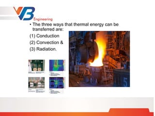 • The three ways that thermal energy can be
transferred are:
(1) Conduction
(2) Convection &
(3) Radiation.
 